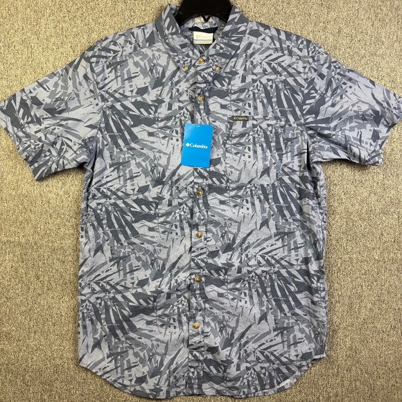 Columbia Rapid Rivers Short Sleeve Shirt Bluestone Dye Palms Men's Size Small - Picture 1 of 5